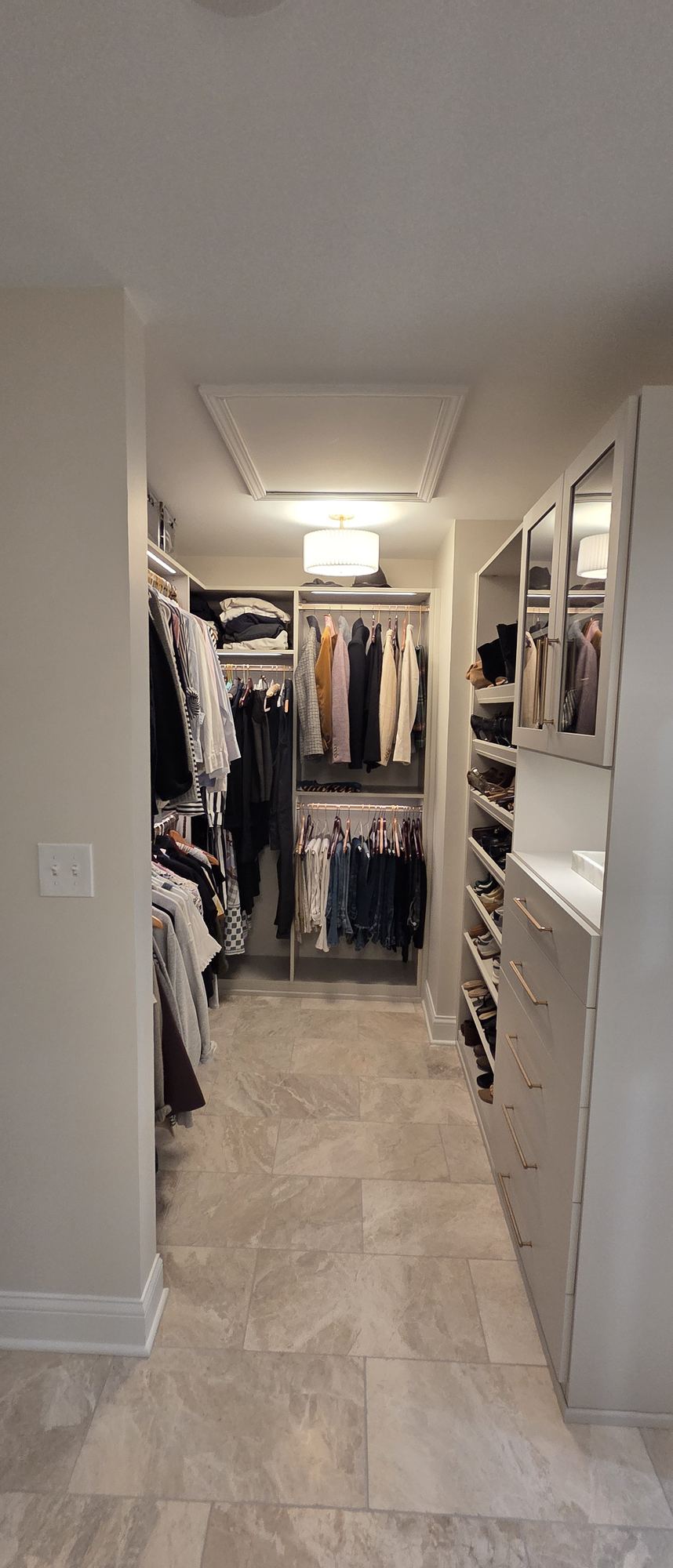 Park Ridge walk-in closet — custom hanging sections, angled shoe shelving and glass-front cabinets