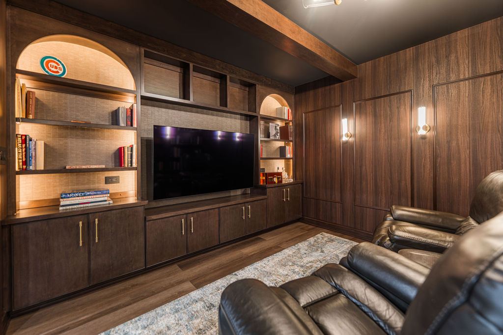 Yorkshire Oakbrook — custom wine display and dining area with modern pendant lighting